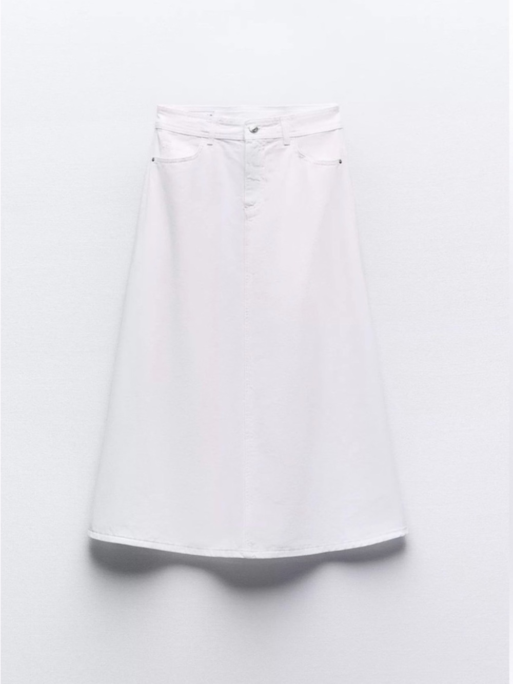 Zara White A-Line Midi Skirt with Button Placket
